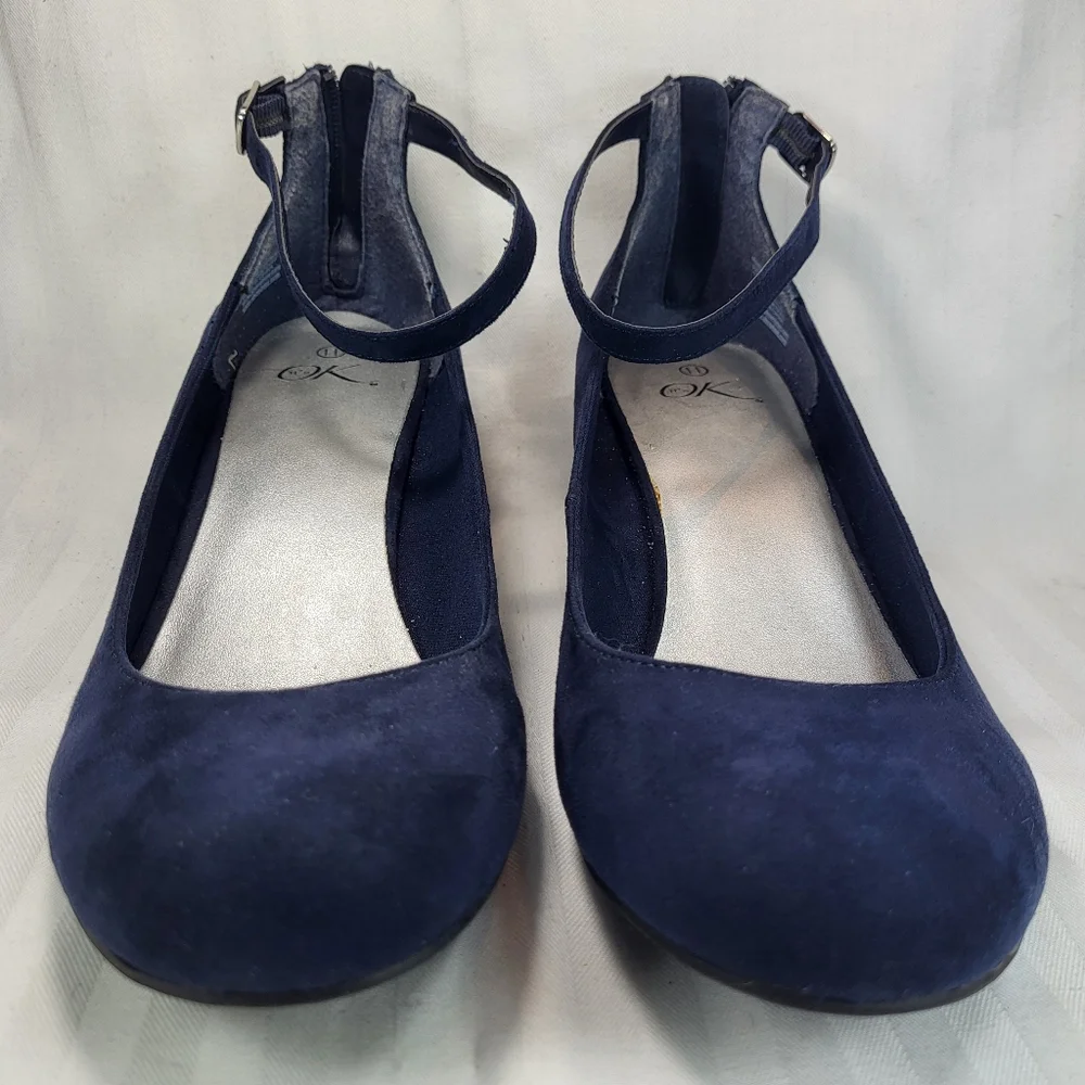 It's Ok Amal Blue SHOES Womens Size 11 Wedge Heels Strapped Ankle Zip Closed Toe